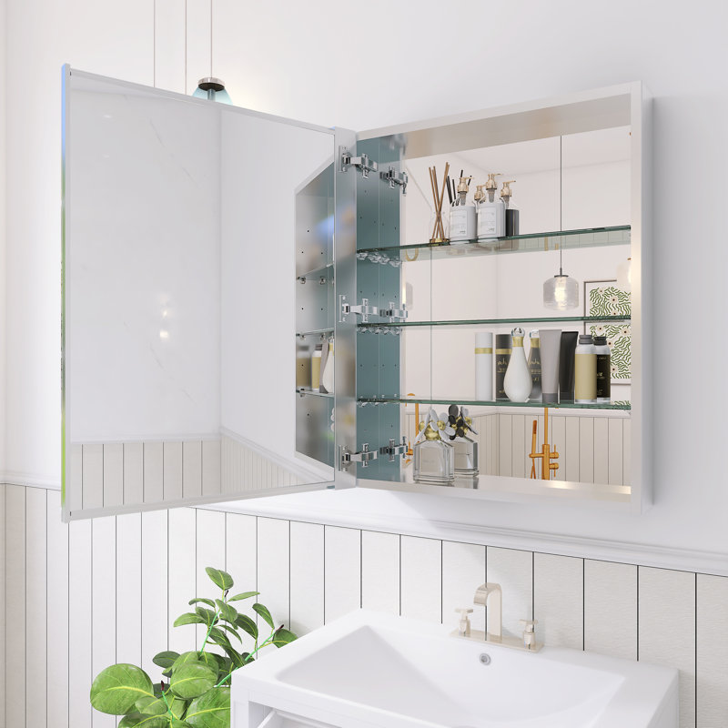 Miroir rectangulaire pour pharmacie encastré ou mural sans cadre avec tablettes en verre réglables