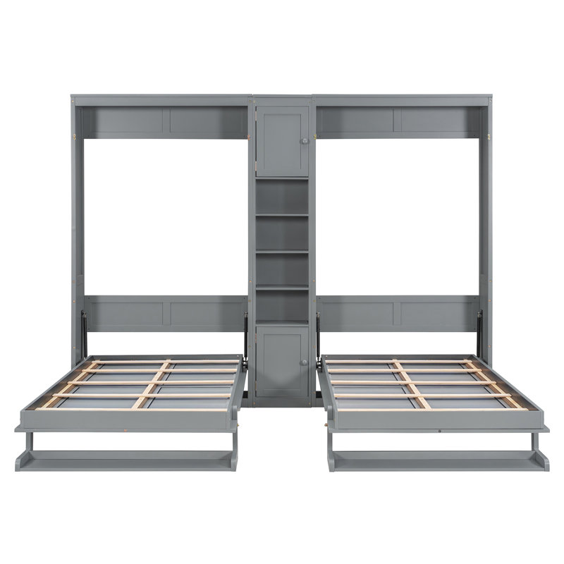 Lits simples escamotables doubles avec armoires et tablettes, lits muraux en bois peu encombrants, gris, Gris