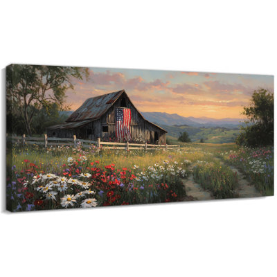  Art patriotique sur toile de grange, décor rétro américain avec peinture de drapeau américain, œuvre d'art de scène de maison de campagne rustique sereine pour salon chambre bureau 12 x 24 po