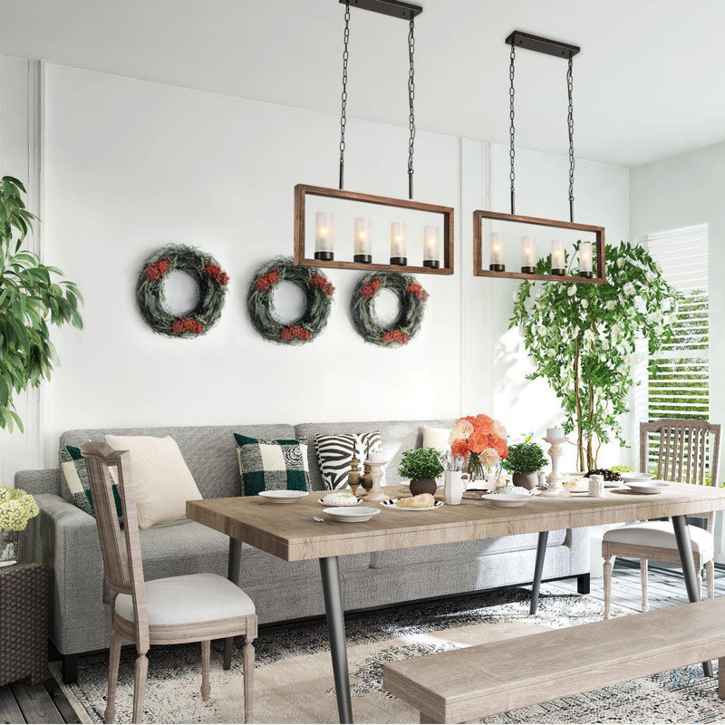 Luminaire suspendu linéaire en bois 4 lumières avec abat-jour en verre givré Farmhouse Modern