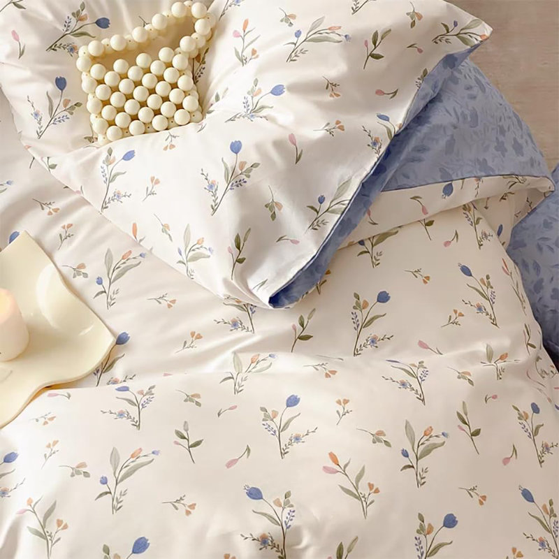 Blue Floral Duvet Cover Set Botanical Flower White Bedding Comforter Cover Set, Queen Duvet Cover + 2 Standard Pillowcases
