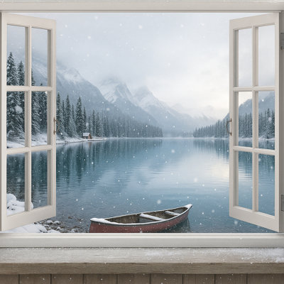 Chutes de neige au bord du lac - canot d'hiver et reflet du pin