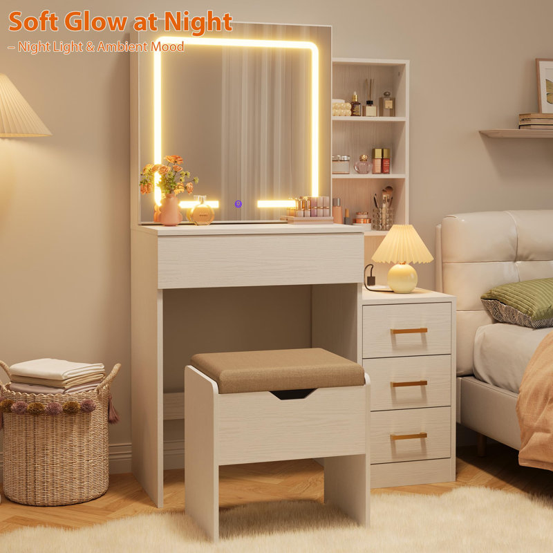 Vanity Desk with Sliding Mirror and Lights, Modern Makeup Vanity Table with 4 Drawers and 7 Storage Shelves, Dressing Table with Stool and Charging Station, 3 Lighting Modes