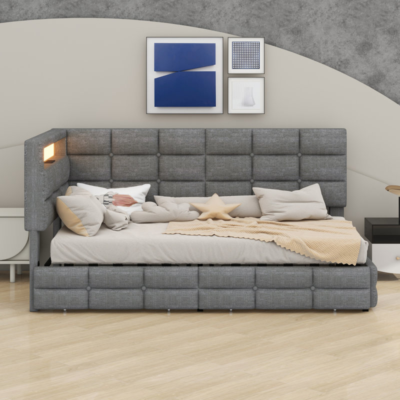 Upholstered Daybed With Storage Drawers And Charging Station, Day Bed Frame With LED Lights And Storage Headboard, Gray