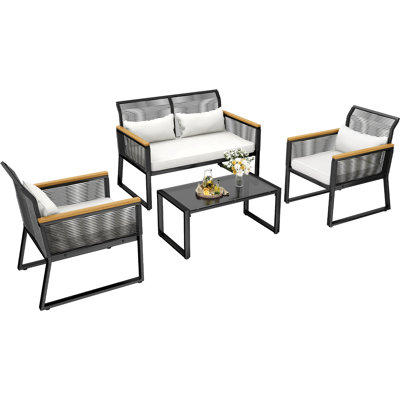 Latitude RunÂ® 4-Piece Patio Furniture Wicker Outdoor Bistro Set All-Weather Rattan Loveseat Conversation -  00FF8AFFCA464A9999EF649F8C79426A