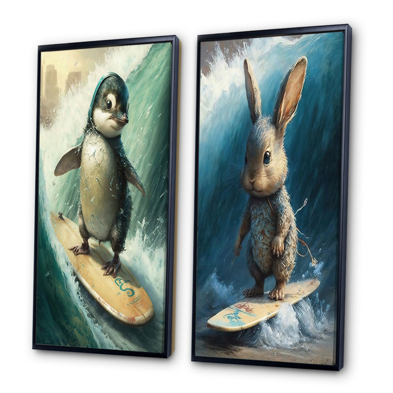 «Bird Surfing», 2 pièces sur toile, H 32 po x l 32 po, Cadre noir