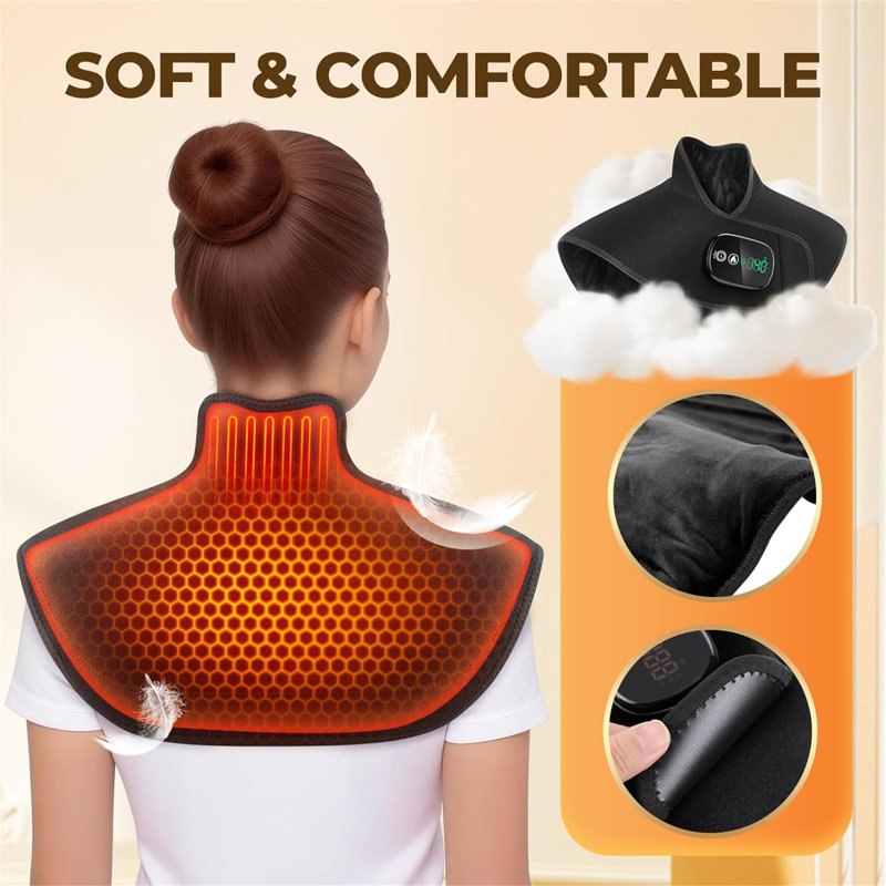 Coussin chauffant pour le cou et les épaules, enveloppement de thérapie par lumière rouge avec 660nm et 850nm DEL, 5 modes d'éclairage, 3 niveaux de chaleur, minuterie 10/20/30 minutes, enveloppement chauffant rechargeable sans fil pour le haut du dos