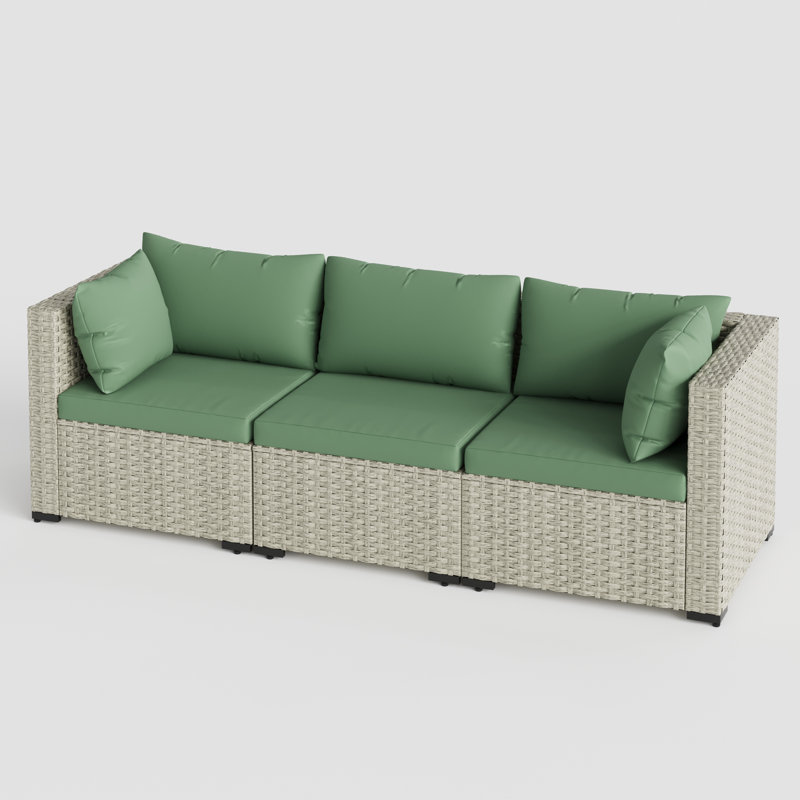 3 Pieces Rattan Patio Sofa With Cushions, Green