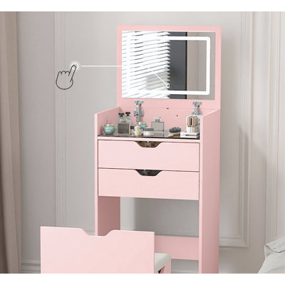 Coiffeuse et tabouret, ensemble de coiffeuse multifonctionnel 3-en-1, comprenant trois modes d'éclairage, miroir HD, deux tiroirs coulissants et tabouret de rangement caché