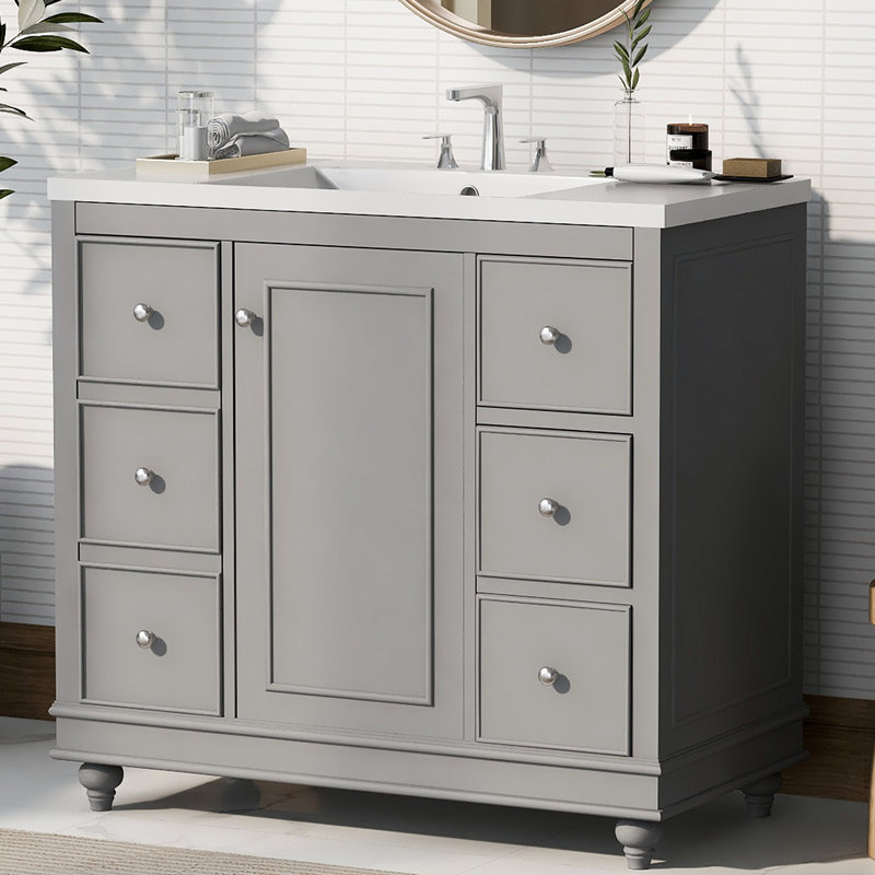 Meuble-lavabo simple 36 po avec plateau en céramique, 4 tiroirs et 1 porte, Gris