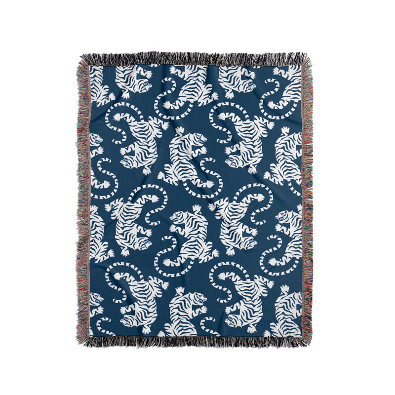 Jeté en mélange de coton Leonard Tiger, L 60 po x l 60 po, Bleu / Blanc cassé