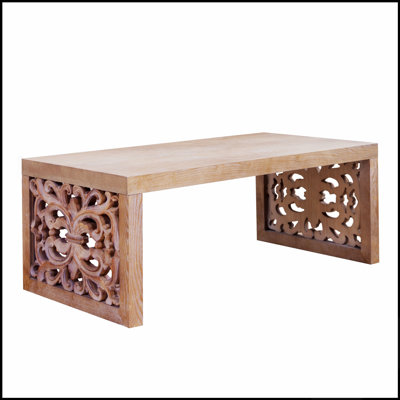 Rustic Carved Wood Coffee Table with Ornate Side Panels, Perfect for Traditional and Bohemian Interiors