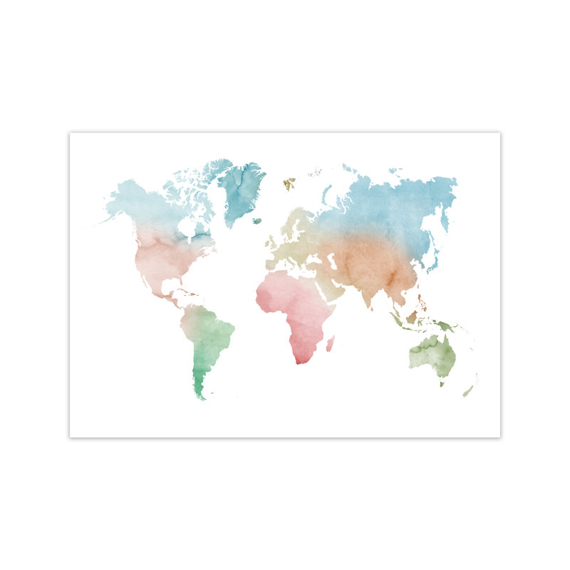 Watercolour World Map - Pastels - Print, 60cm H x 84cm W x 1cm D, No Framed