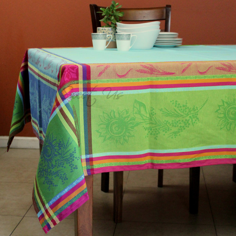 Wipeable Stain Resistant Polytetrafluoroethylene Coated Provencal Jacquard Cotton Sunflower Tablecloth Collection, 62" Square