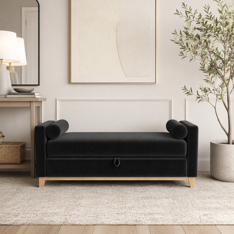 Banc rembourré en bois massif, 66 po + rangement, Noir + neutre 11