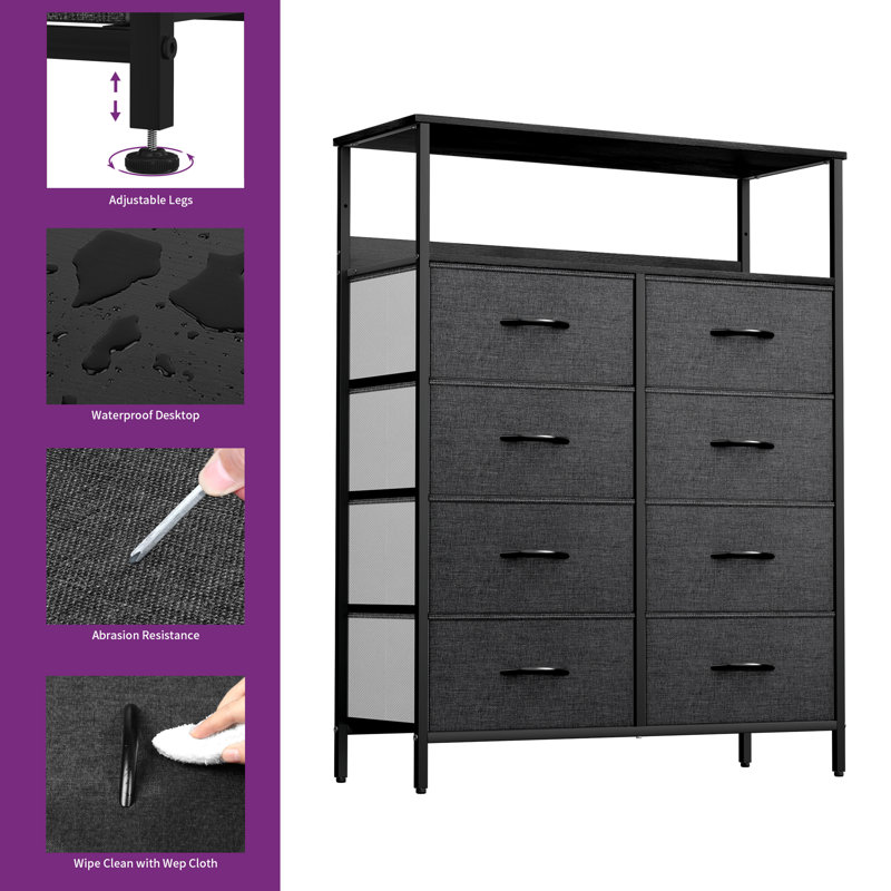 Stefie 8 Drawer Chest of Drawers,80Cm W Bedroom Drawers, Black/Grey