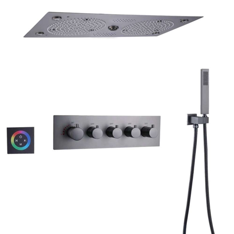 Gunmetal Gray Recessed Thermostatic Shower System with LED and Jets