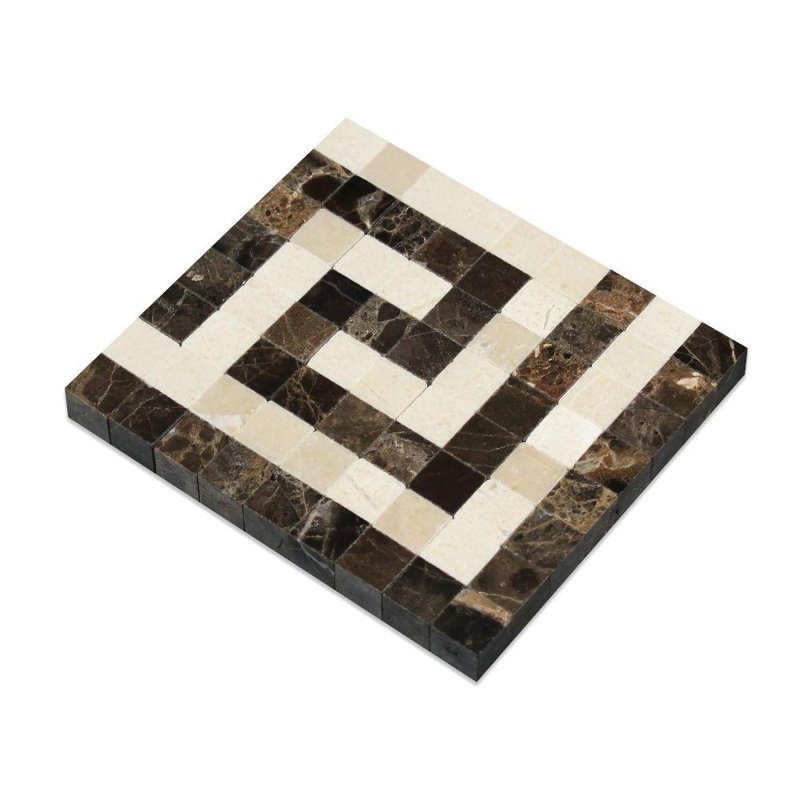 Emperador Dark Greek Key Border Corner with Crema Marfil Dots Marble Look Wall Border