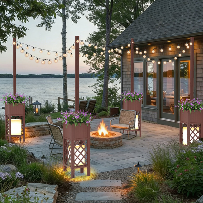 Ensemble de 2 poteaux de jardin en bois pour l'extérieur avec boîte à fleurs