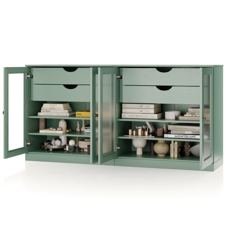 Buffet 100% bois massif 64 po avec portes en verre givré, 4 tiroirs et tablettes réglables, Sauge