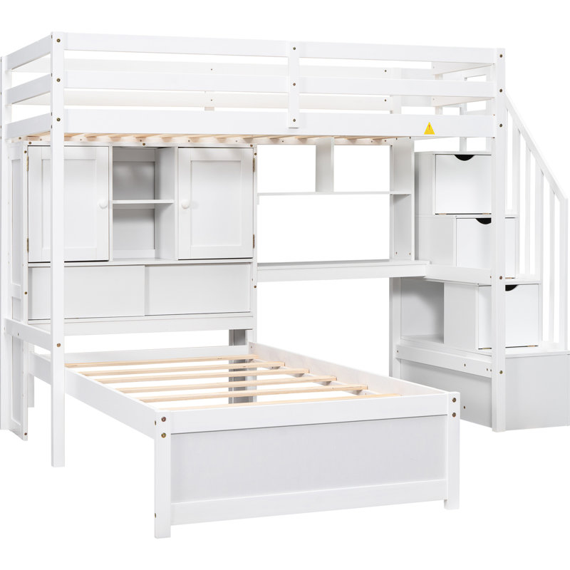 White Twin Over Loft Bed With Desk, Shelf And Staircase Assembly Storage, Desk In Theme, White