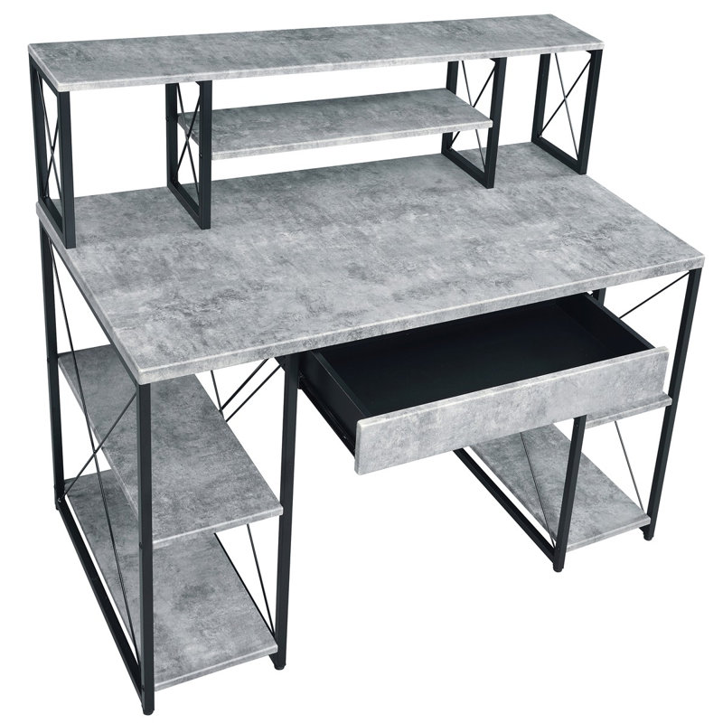 Bureau avec tablettes ouvertes et huche, Noir/gris