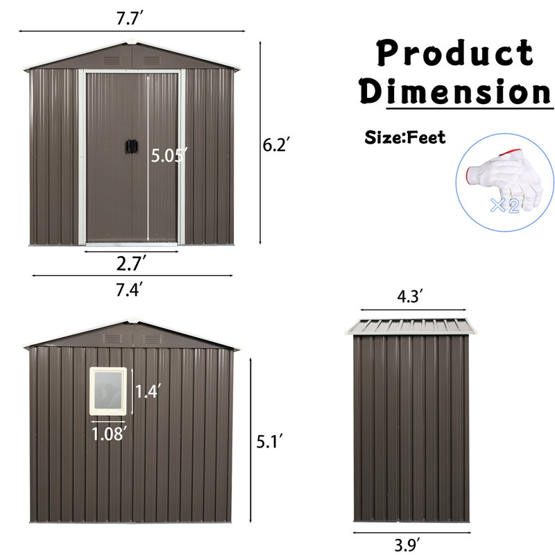 8Ft X 4Ft Outdoor Metal Shed With Galvanized Iron Frame & Easy Assembly Feature - Gray Foundation, Weather- Panels Lock, Gray