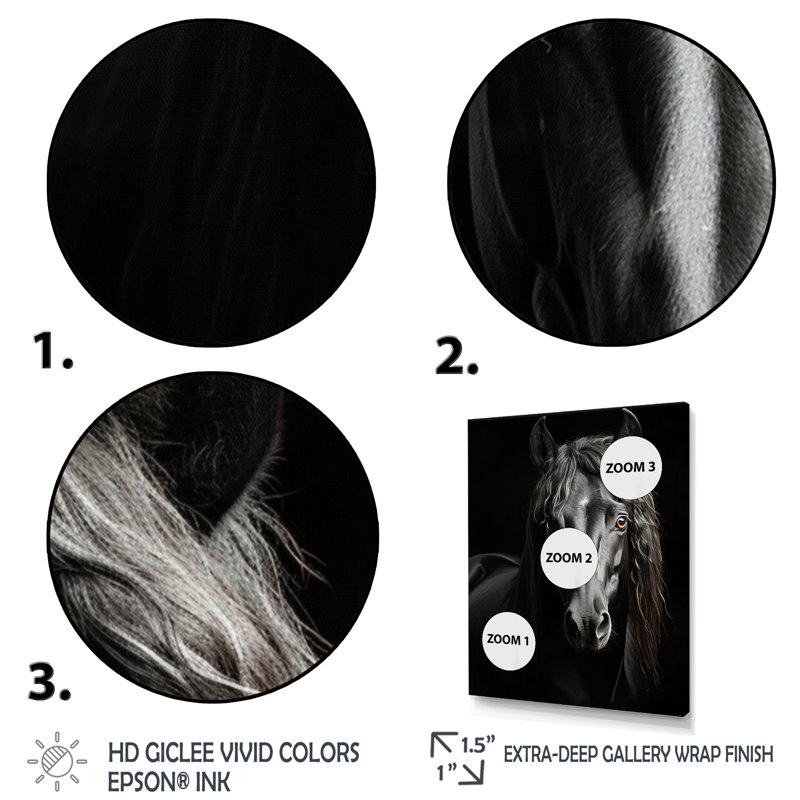 «Black White Horse Portrait Vibrant», reproductions d'art mural animaux, H 20 po x l 12 po x P 1 po, Cadre photo noir