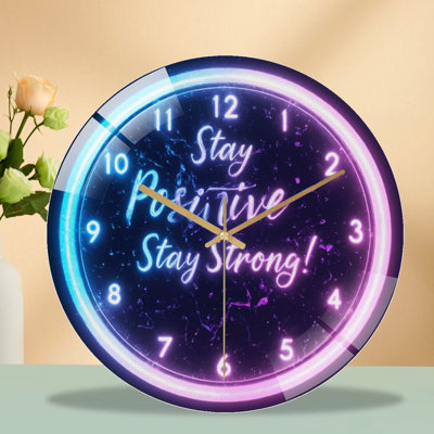 Neon Clock Stay Positive Stay Strong Motivational Wall Art Art - 12'' Modern Glass Wall Clock