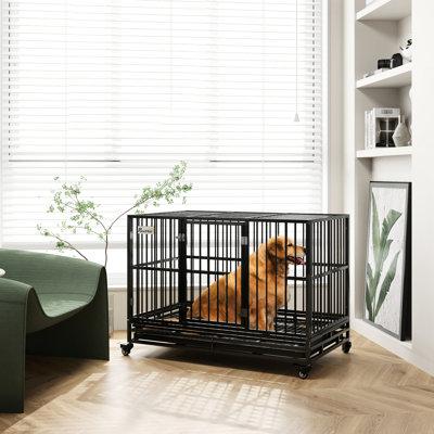 Cage grise robuste pour chien de 48 po avec roulettes verrouillables, porte double, plateau amovible, convient aux grands chiens pesant jusqu'à 88 lb - Big Canines