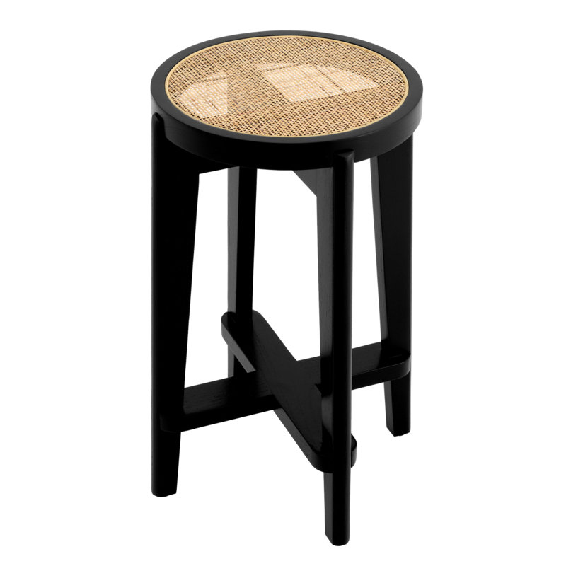 Black Solid Wood Counter Stool with Rattan Cane Seat