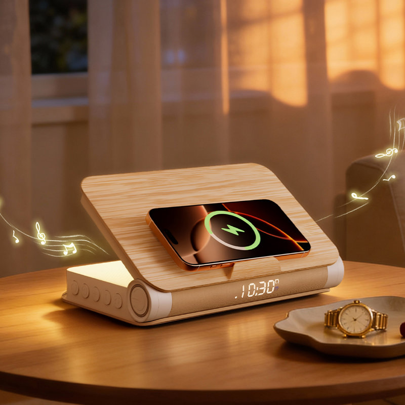 Sunrise Alarm Clock With Book Lamp, Wireless Charger, Bluetooth Speaker, Snooze Wake Up Light For Heavy Sleepers,Tabletop Clocks