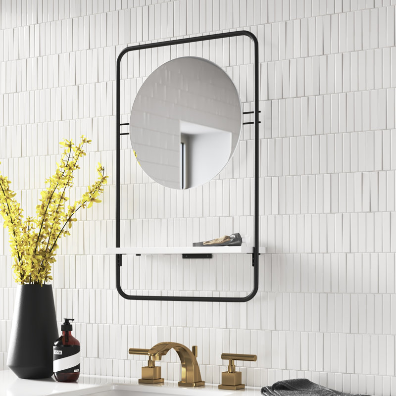 Fullilove Metal Flat Wall Mirror with Shelves, Black