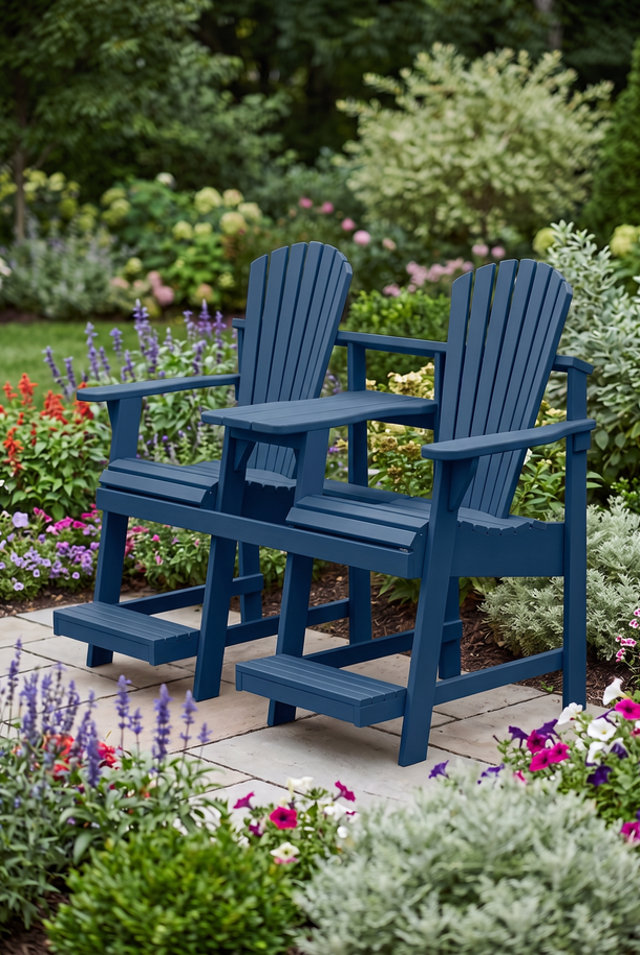 Blue wooden Adirondack double chair with a built-in center table and footrests, positioned on a patio surrounded by a lush flower garden.