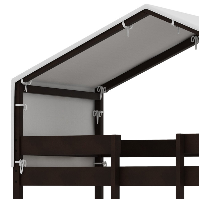 House-Shaped Bunk Bed Wood Frame With Tent, Espresso