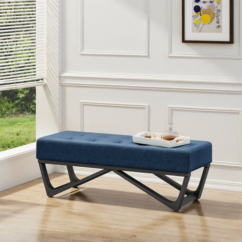 Navy Blue Upholstered Ottoman Bench - Modern Tufted Footrest with Geometric Legs, Navy Blue
