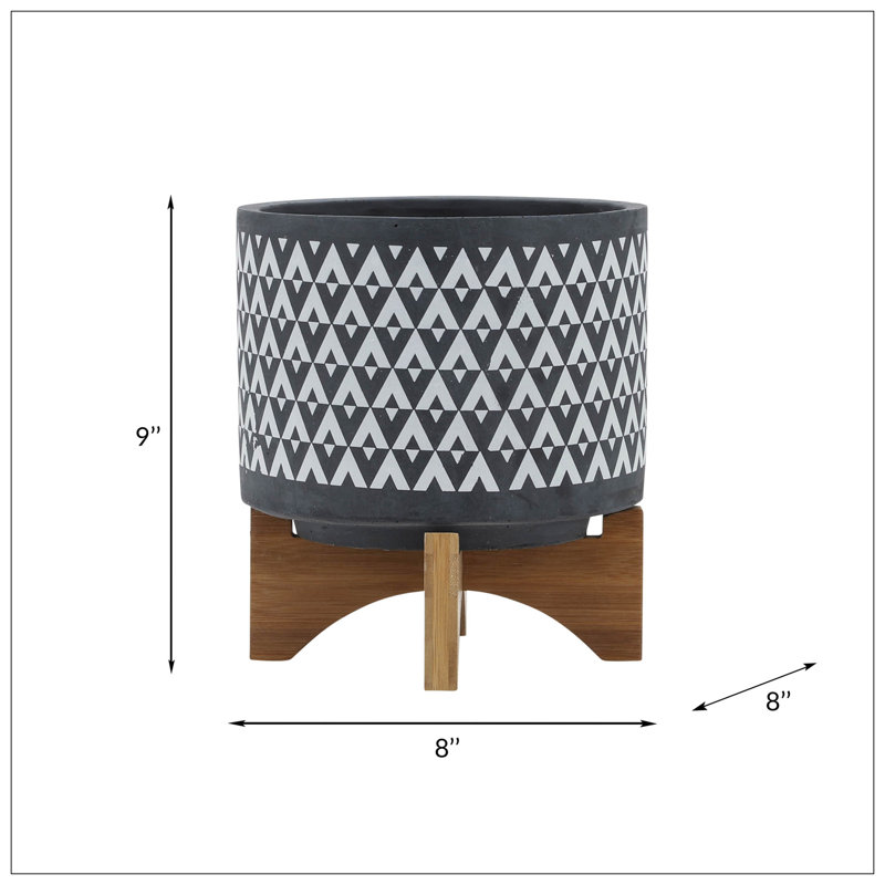 CERAMIC AZTEC PLANTER ON WOODEN STAND, GRAY, 9" H x 8" W x 8" D