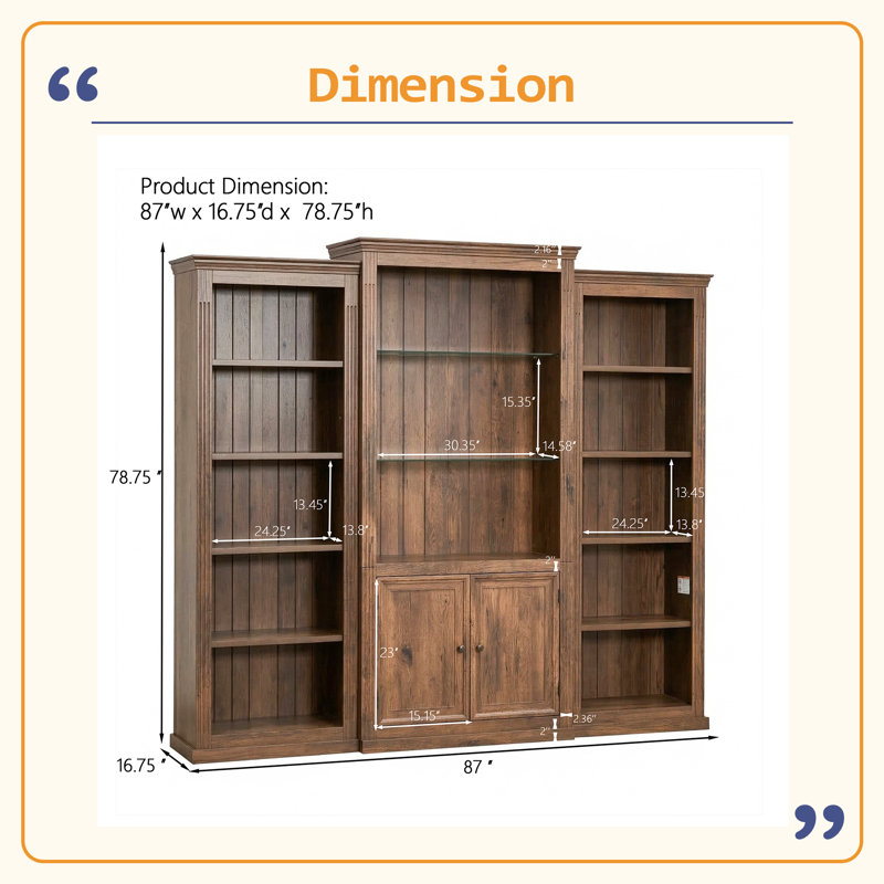 Bibliothèque de 78,75 po de hauteur, 3 pièces, vitrine avec plafonnier à DEL, bibliothèques de style rétro avec tablettes en verre trempé pour le salon, le bureau, le studio ou l'espace de travail