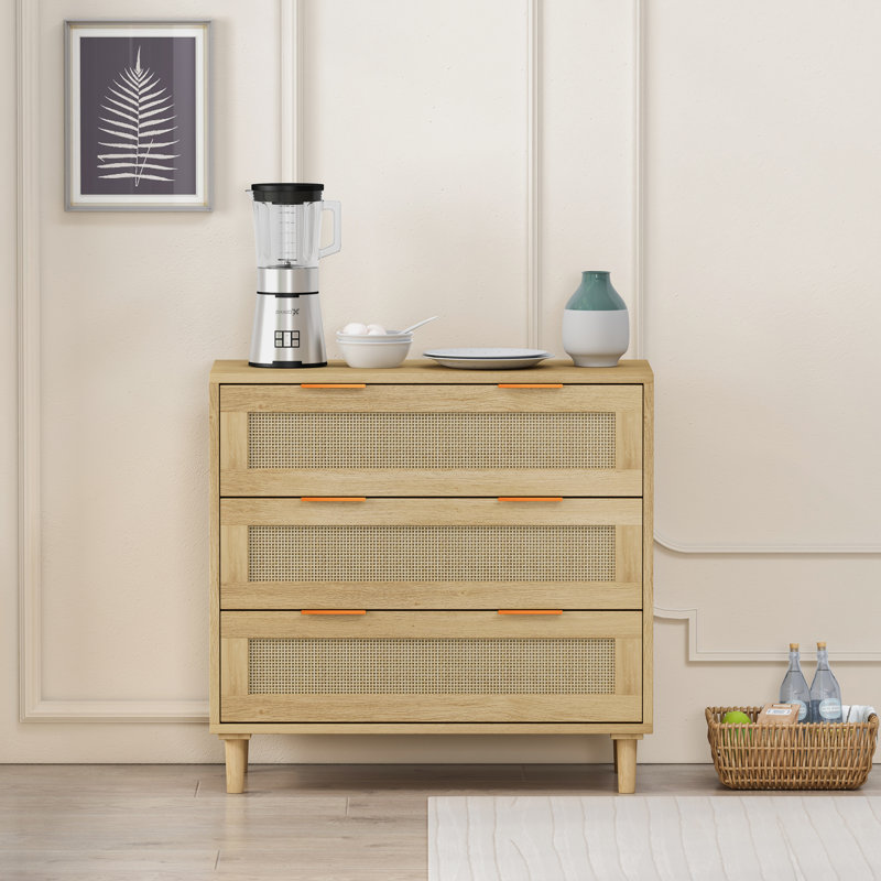 Console de rangement en rotin 3 tiroirs, Chêne
