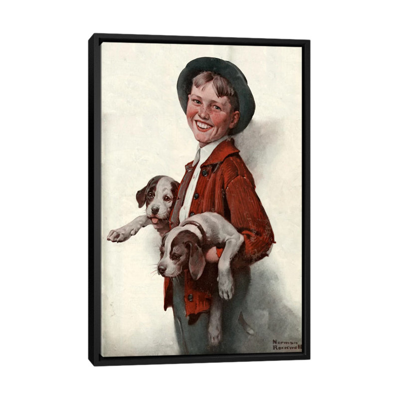«Boy with Puppies», peinture sur toile tendue, H 26 po x l 18 po x P 1,5 po, Toile avec cadre noir, Pas de tapis