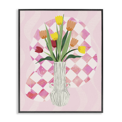 Yellow Tulip Vase on Checkered Framed Giclee, design by Ziwei Li