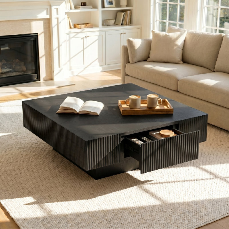 35'' Solid Wood Black Modern Square Coffee Table with 2-Way Hidden Storage Drawers, Fluted Details,Parquet,Wood Grain Top Cocktail Table