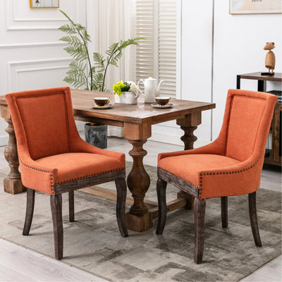 Paire de chaises de salle à manger latérales en orange, housse de siège en tissu épaissi, garniture cloutée bronze, support de pieds en bois massif, 28,6 po Profondeur de l'emballage, largeur de 22,4 po, hauteur de 21,24 à 35,08 po, 2 pièces, tissu, pieds,