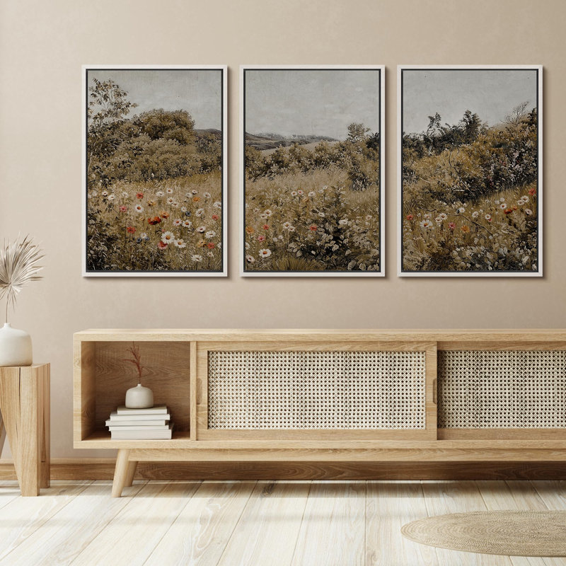 Wildflowers " Summer Wildflower Lush Floral Landscape Illustration Modern Decor Relax Calm Chic " 3 - Pieces, 24" H x 16" W