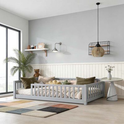 Floor Bed with Fence without Door, Rubber Wood Floor Bed with Safety Guardrails