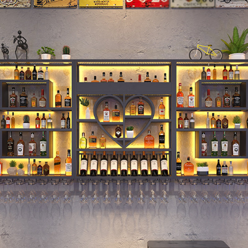 Wall Mounted Shelf Industrial Style Bar Iron Display Shelf (LED Lights Not Included), 49.2" H x 94.4" W x 7.8" D, Black