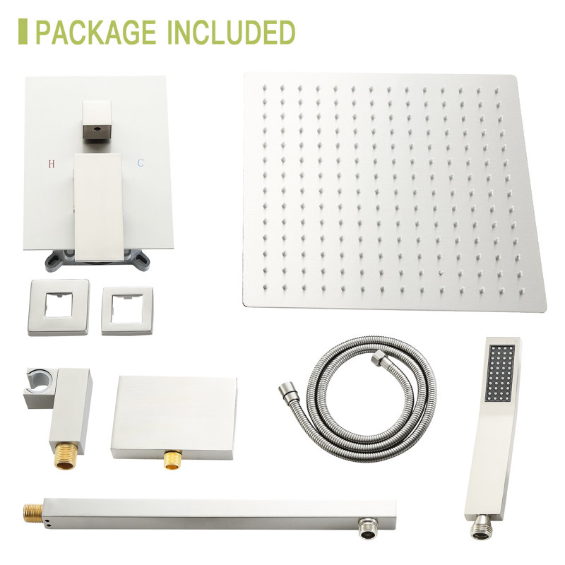 Brushed Nickel 12" Wall Mounted Shower System With Waterfall Tub Spout. 3 Shower: Rainfall Head, Handheld. Valve. Easy Installation And Cleaning. Includes Arm, Handheld, Spout, Hose, Holder, Valve