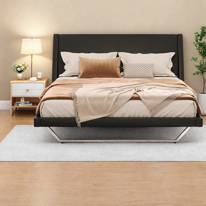 Grand lit moderne, finition cuir PU, design courbé élégant