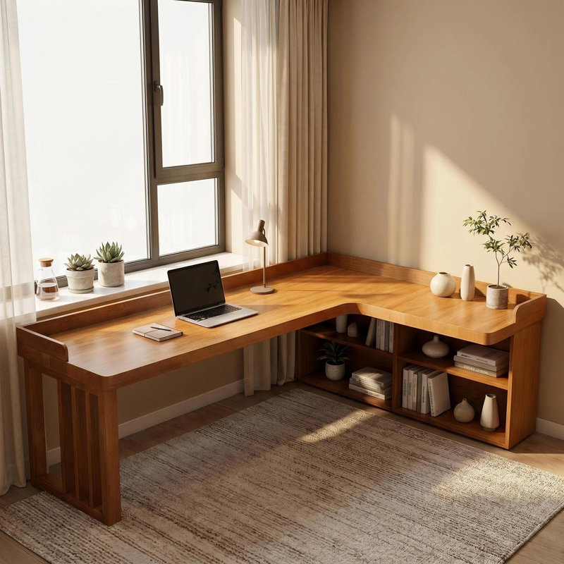 Bureau en coin en L en bois massif avec tablettes de rangement, table d'écriture Modern Farmhouse Home Office