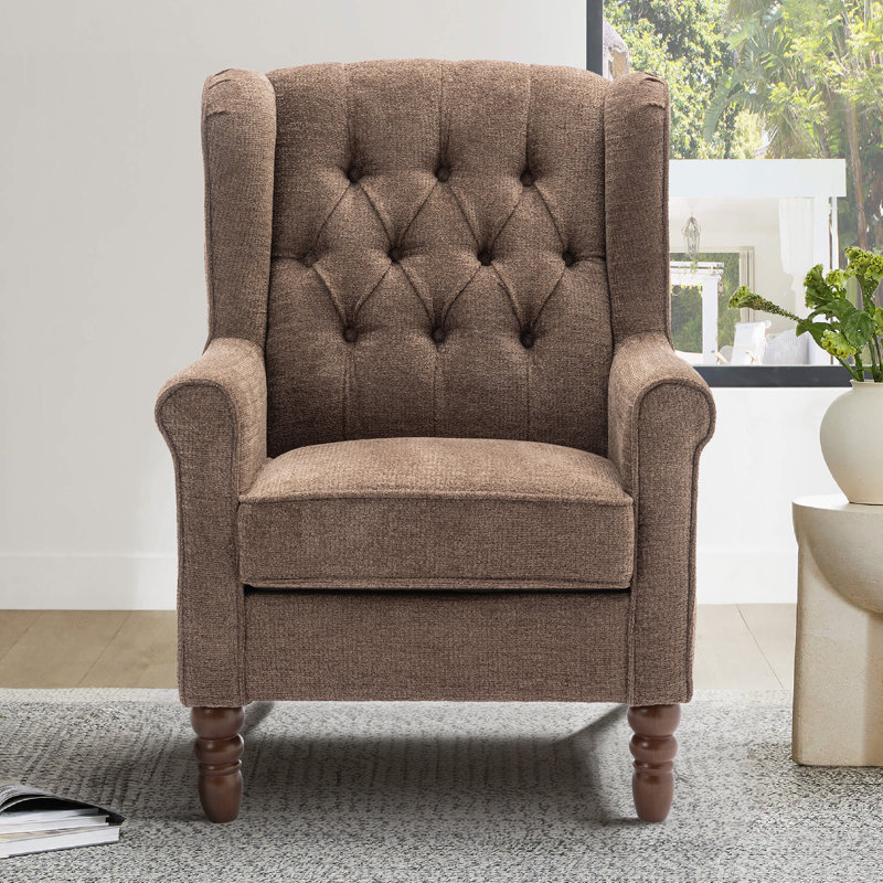Button-Tufted Small Wingback Accent Chair with Rolled Arm and Thick Padded Cushion, Brown Performance Twill